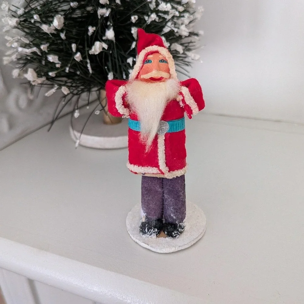 Vintage Spun Cotton Christmas Santa Claus Figurine Felt Suit Paper Mache Japan